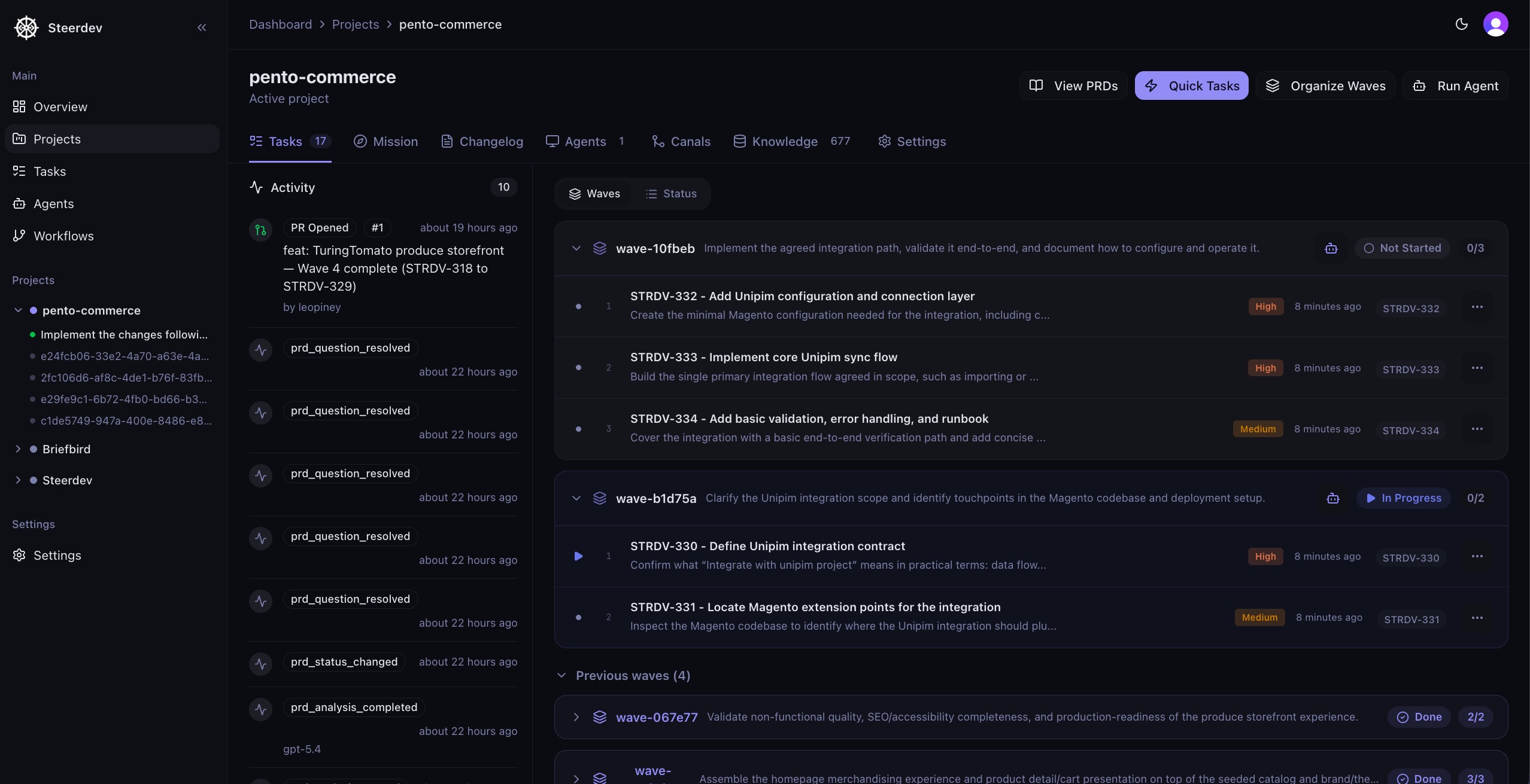 SteerDev dashboard showing end-to-end project workflow